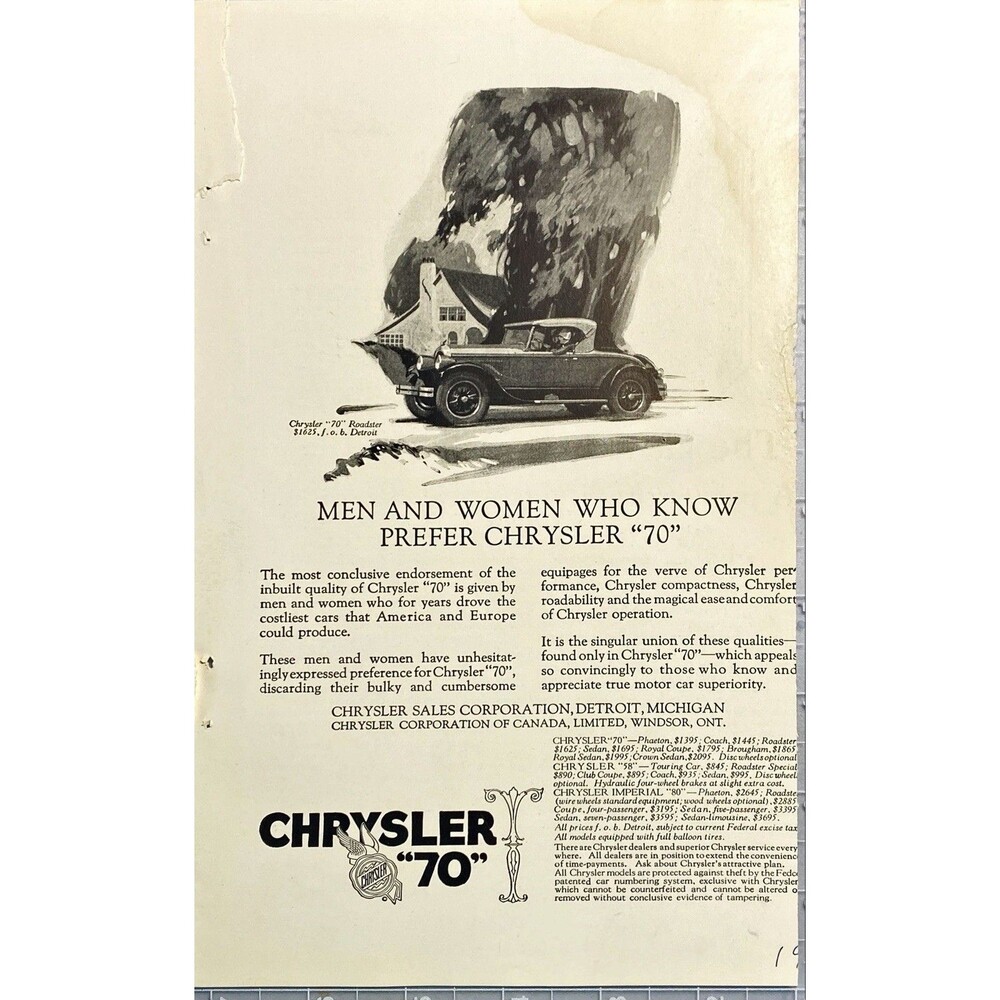 Chrysler "70" "People in The Know Prefer Chrysler "70"" Vintage Print Ad 1926